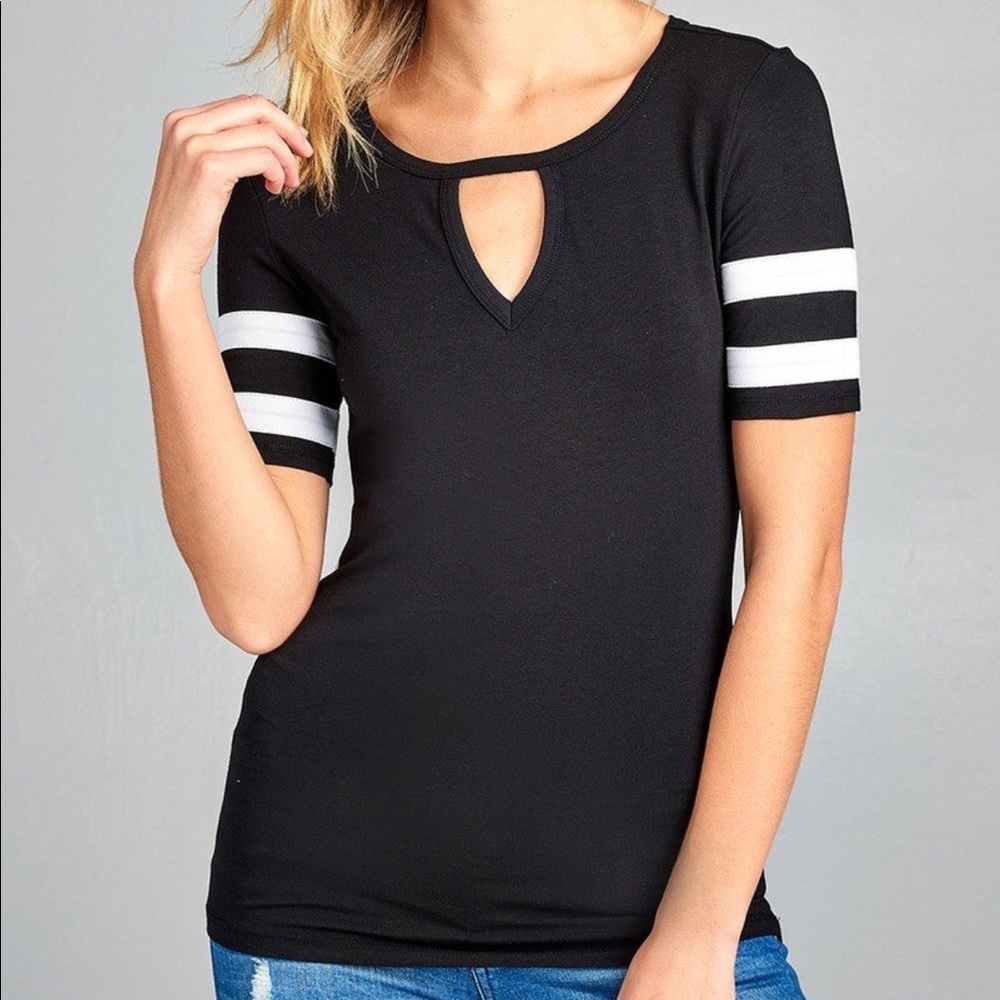 Black Keyhole Double Stripe Short Sleeve Tee
